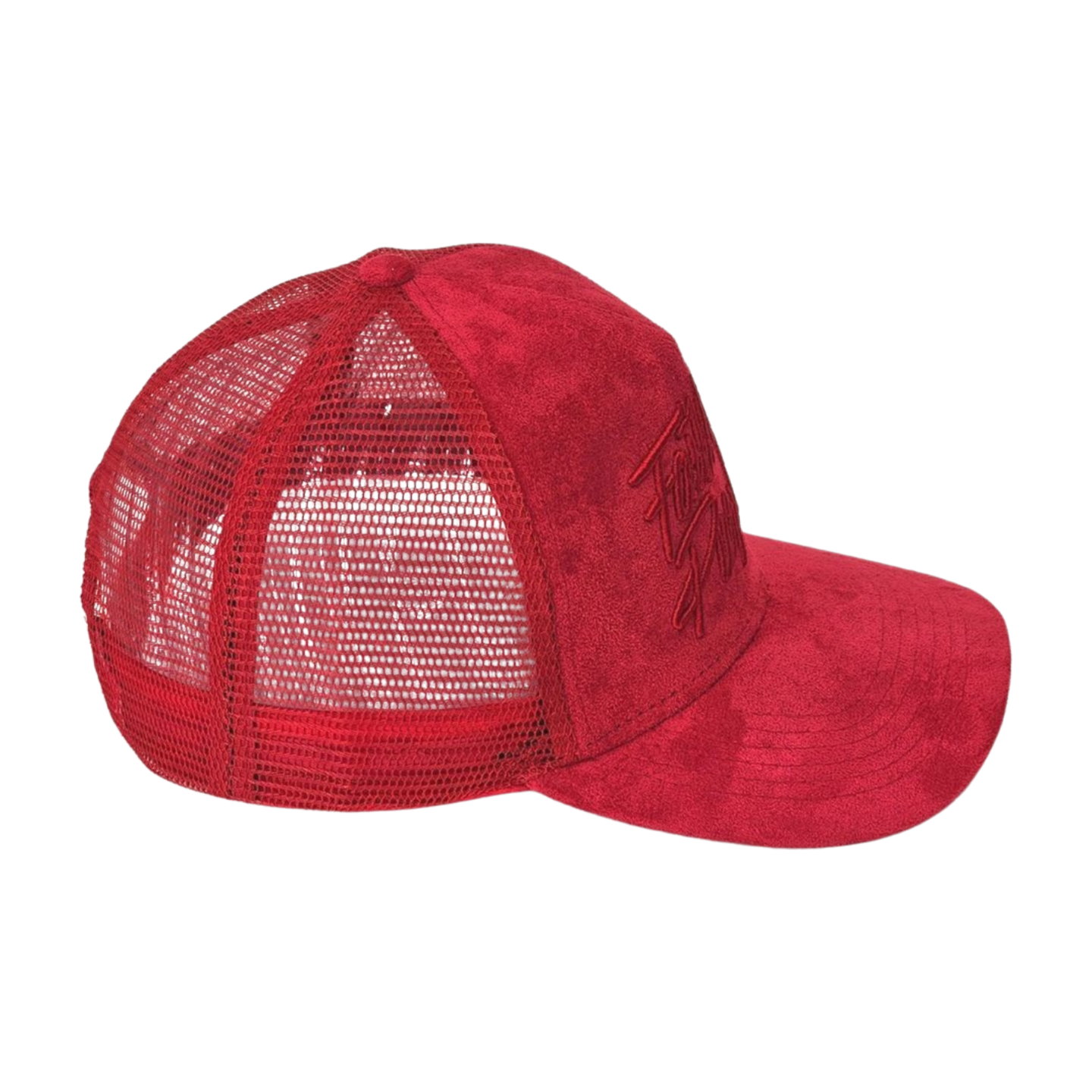 Red suede Faith On Purpose trucker hat with raised embroidery right side view