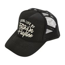Load image into Gallery viewer, Living By Faith On Purpose Trucker Hat - Blk/Cream