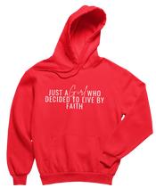 Load image into Gallery viewer, Just A Girl Living By Faith Hoodie - Red/White - Faith On Purpose Small