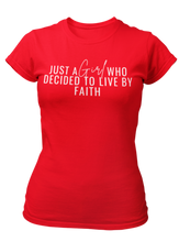 Load image into Gallery viewer, Just A Girl Living By Faith T-Shirt - Red/White - Faith On Purpose Small