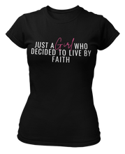 Load image into Gallery viewer, Just A Girl Living By Faith T-Shirt - Black/Pink - Faith On Purpose Small