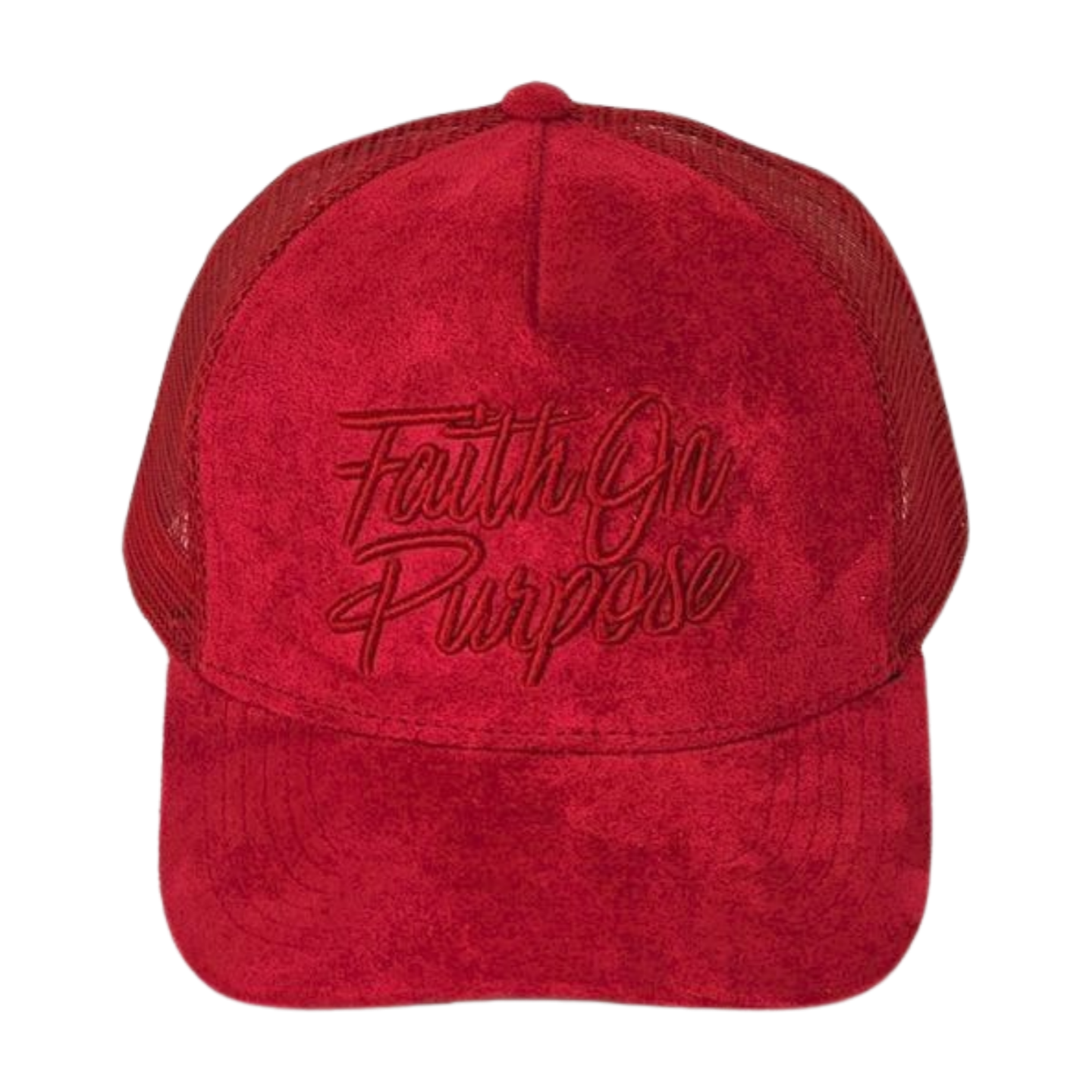 Red suede Faith On Purpose trucker hat with raised embroidery.