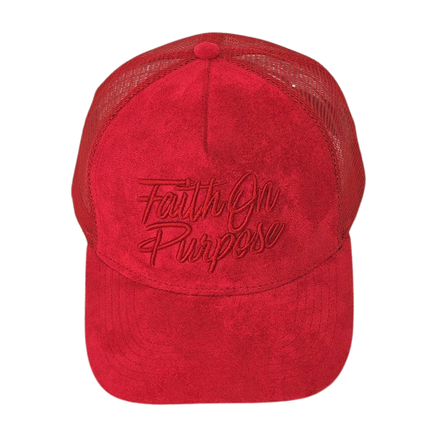 Red suede Faith On Purpose trucker hat with raised embroidery.