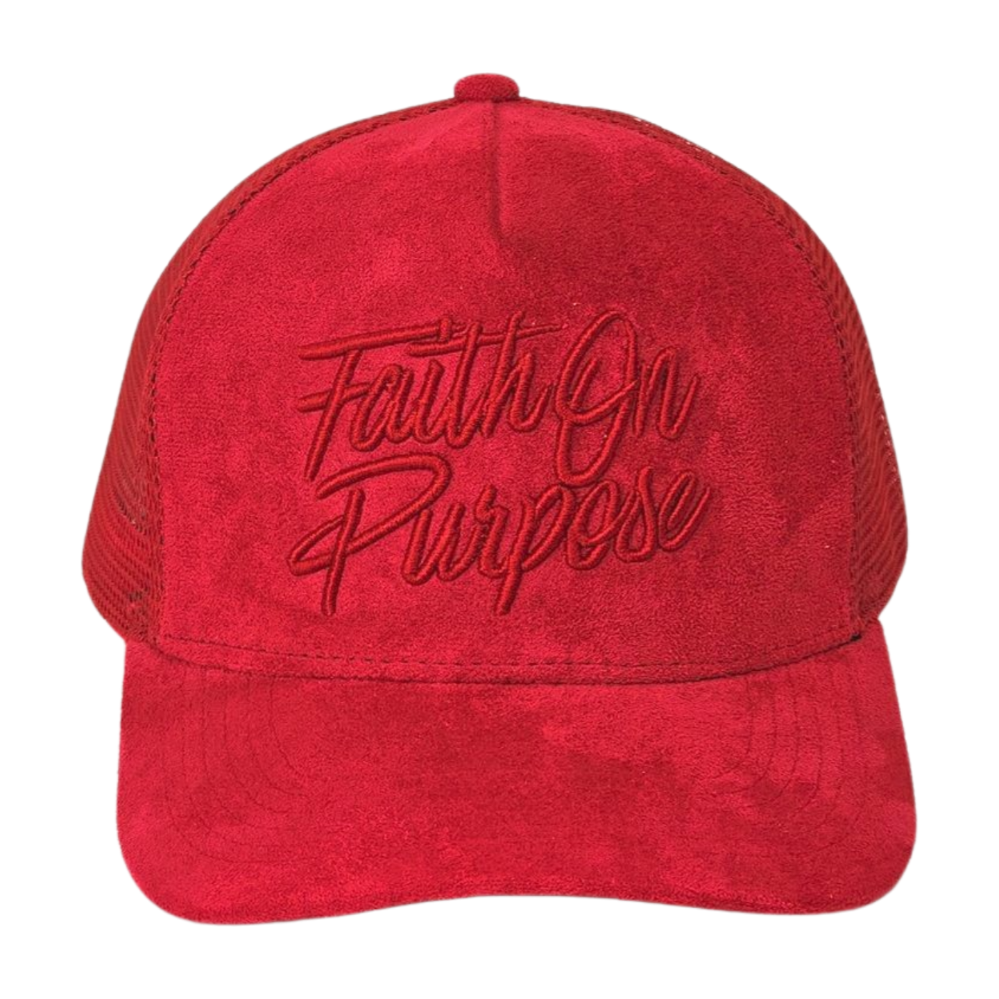 Red suede Faith On Purpose trucker hat with raised embroidery.