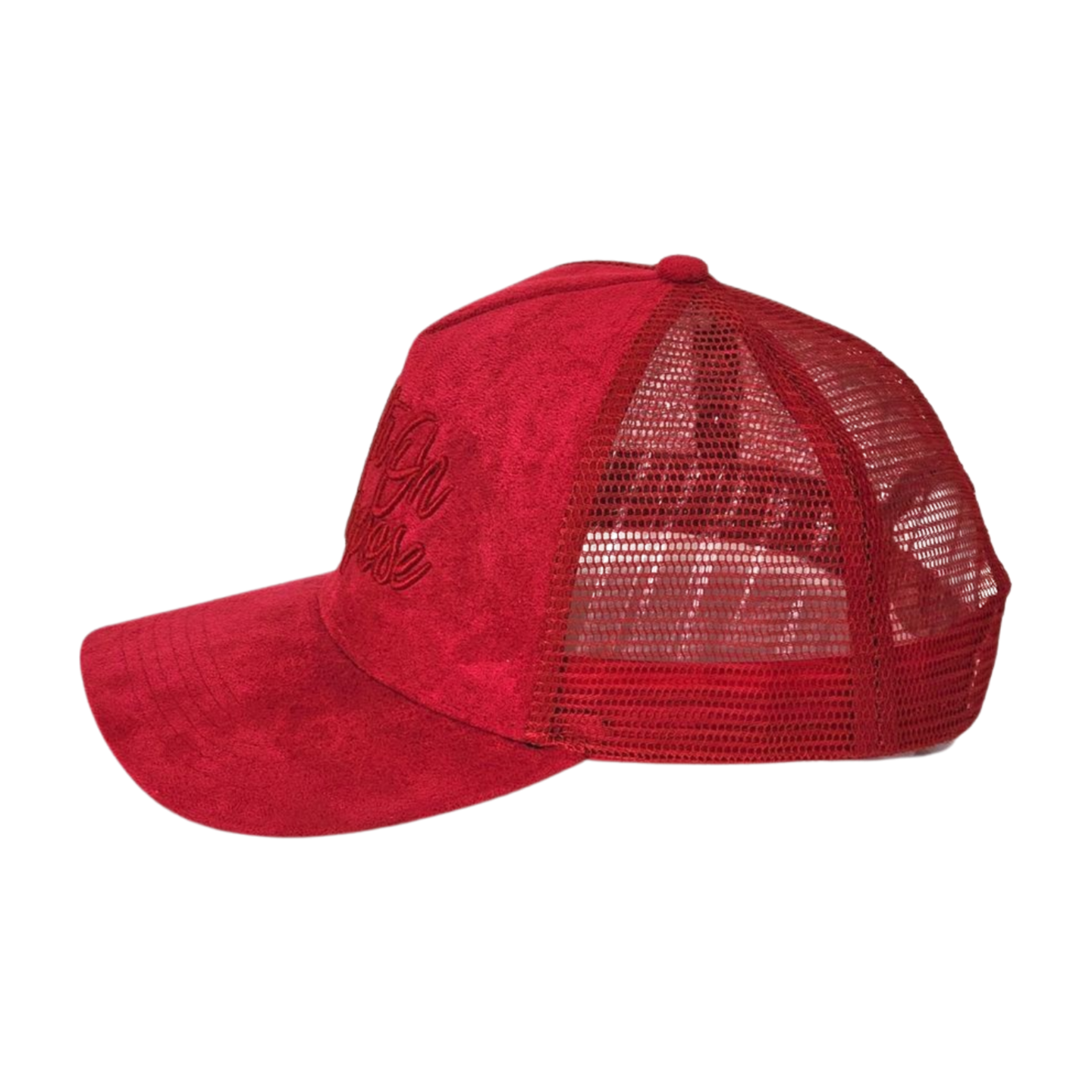 Red suede Faith On Purpose trucker hat with raised embroidery left side view