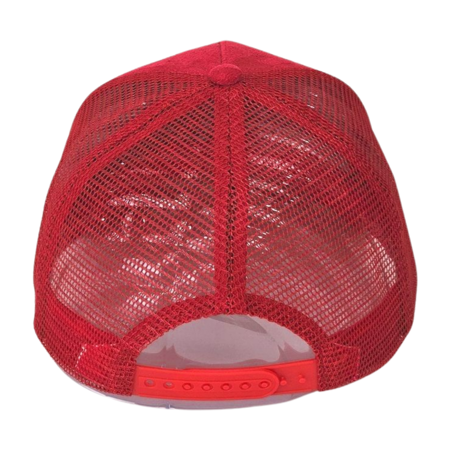 Red suede Faith On Purpose trucker hat with raised embroidery back view