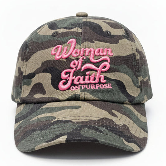Pink and grey camo hat with bold 'Woman of Faith On Purpose' embroidery, a sturdy daily uniform for intentional living.