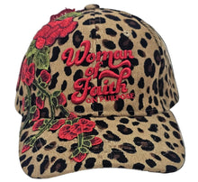 Load image into Gallery viewer, Leopard print hat with floral designs and 'Woman Of Faith On Purpose' branding on a white background
