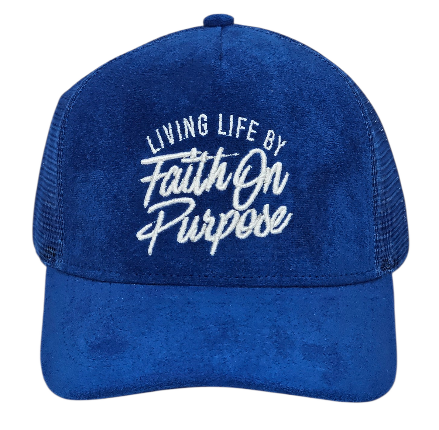 Blue cap with white text 'Living Life by Faith On Purpose' on a white background