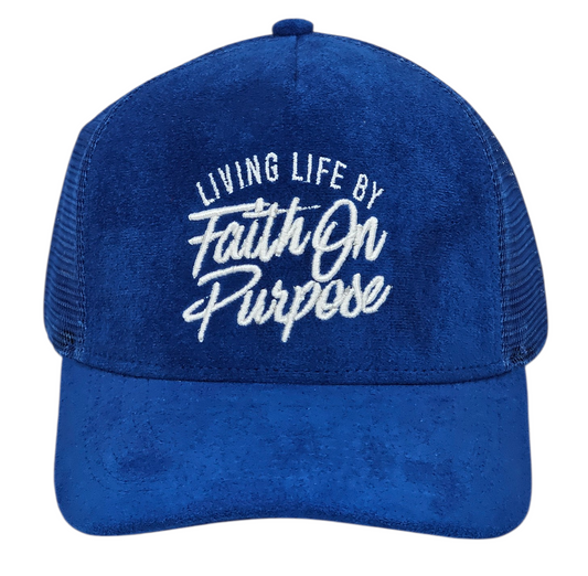 Blue cap with white text 'Living Life by Faith On Purpose' on a white background