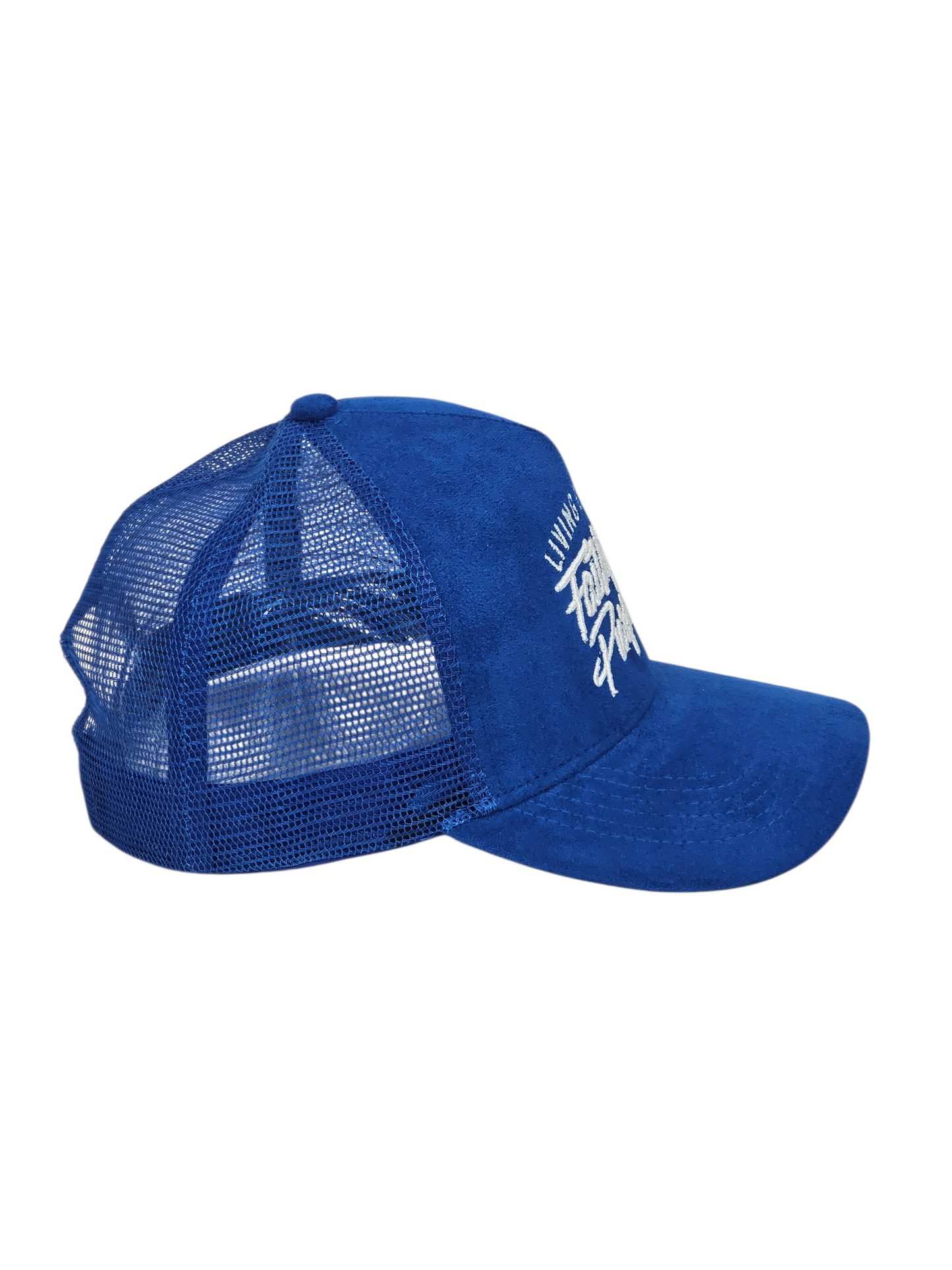 Blue mesh cap with white text on a white background