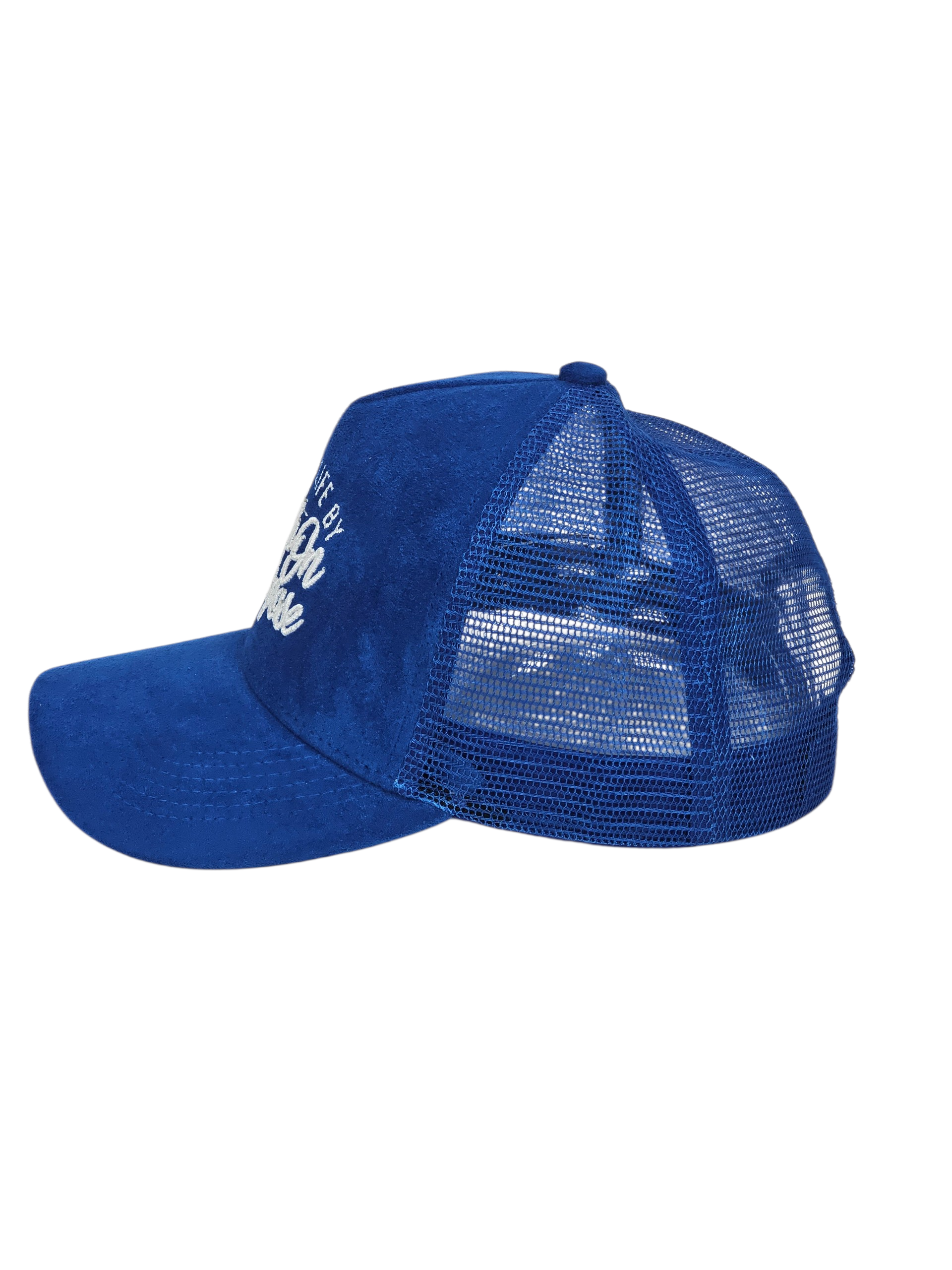 Blue mesh cap with white text on a white background