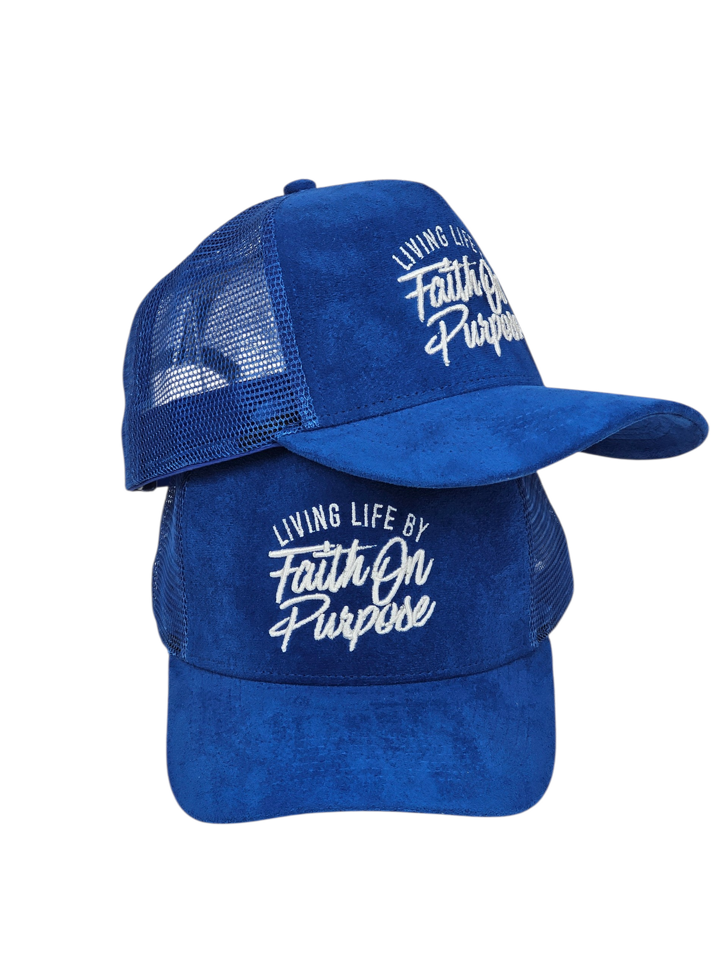 Living Life by Faith On Purpose Blue Trucker Hat