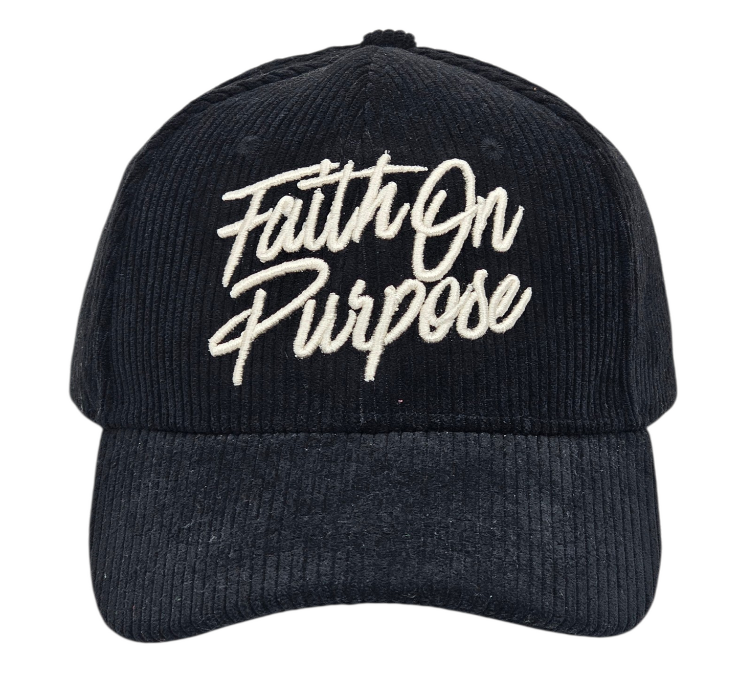 Black cap with 'Faith On Purpose' text on a white background