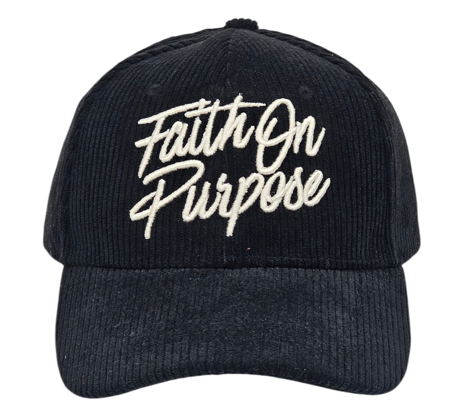 Black cap with 'Faith On Purpose' text on a white background