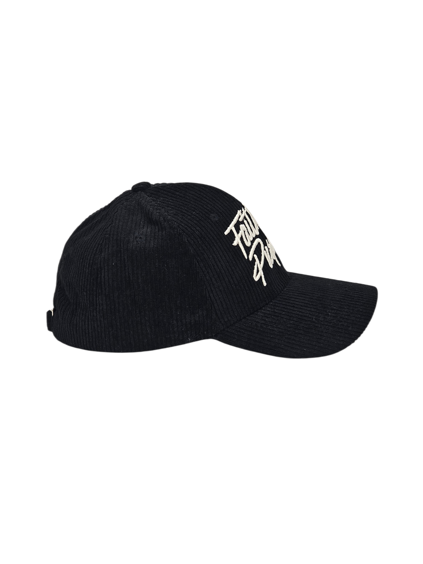 Black cap with white logo on a white background