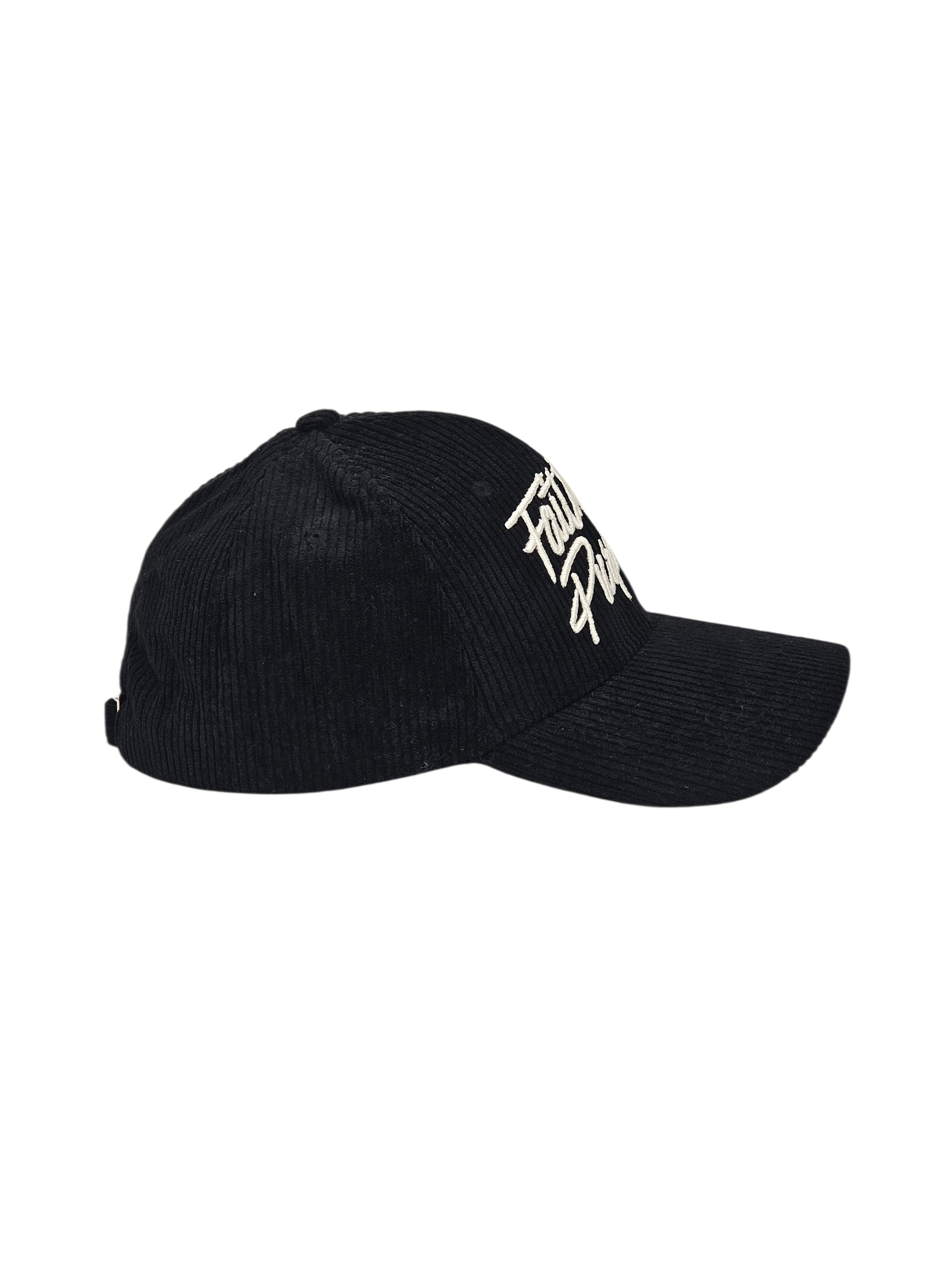 Black cap with white logo on a white background
