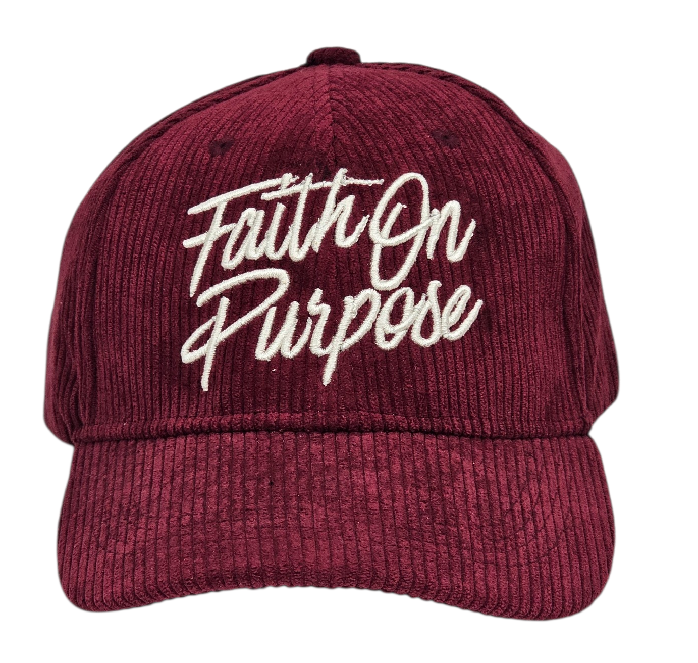 Burgundy cap with 'Faith On Purpose' text on a white background