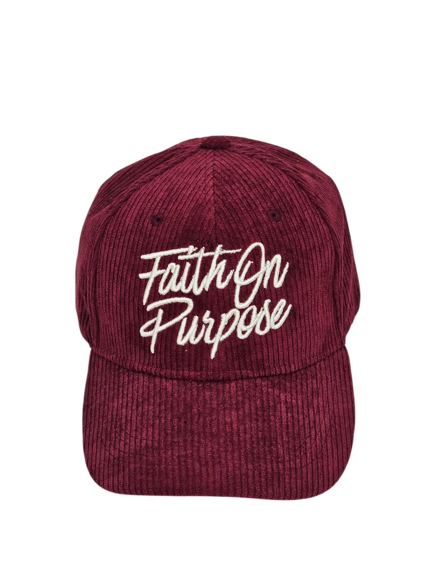 Maroon cap with 'Faith On Purpose' text on a white background