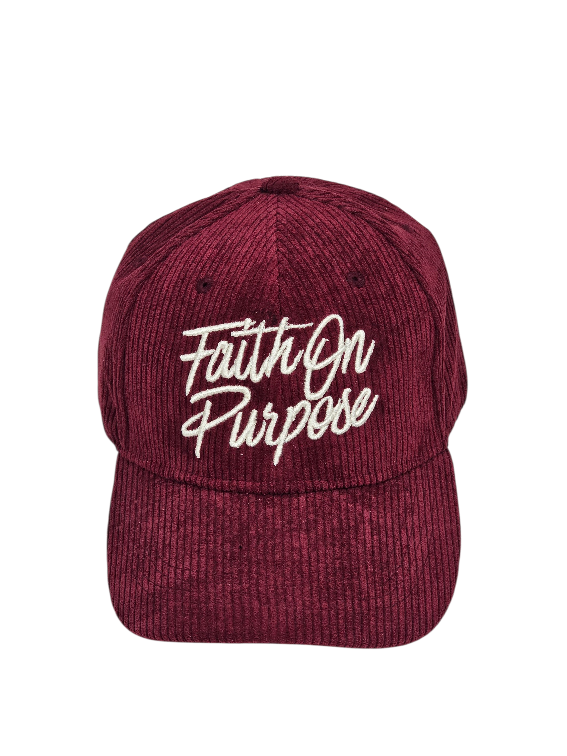 Maroon cap with 'Faith On Purpose' text on a white background