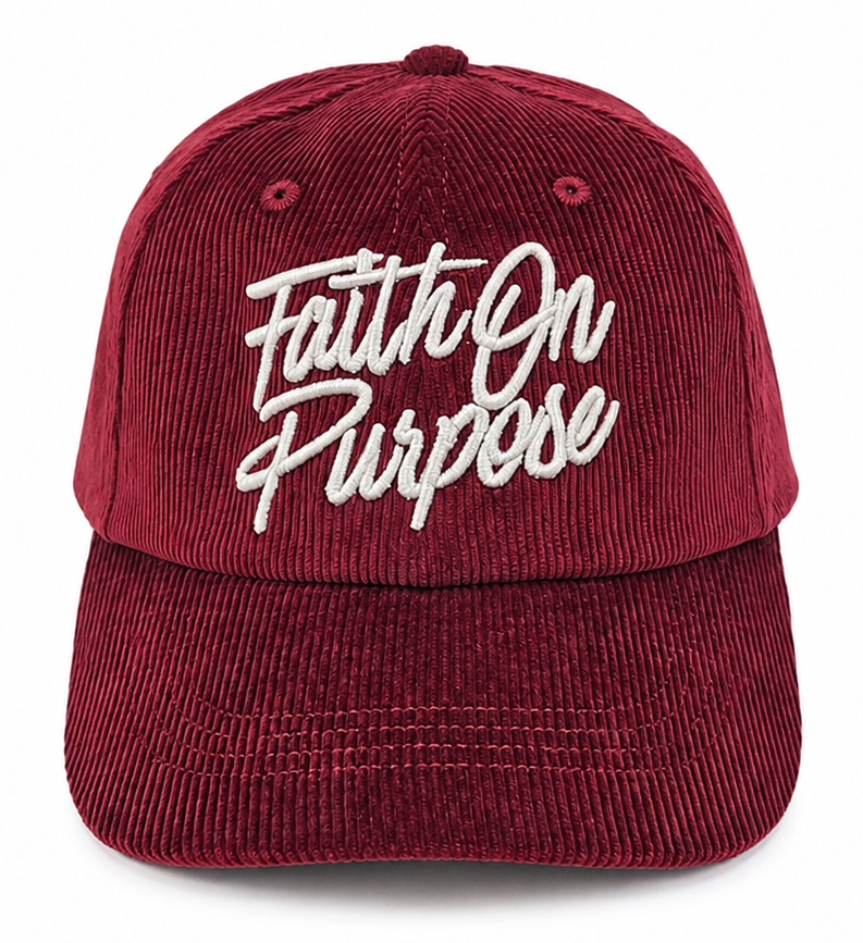 A maroon corduroy baseball cap with 'Faith On Purpose' embroidered in white script across the front, shown against a plain white background.