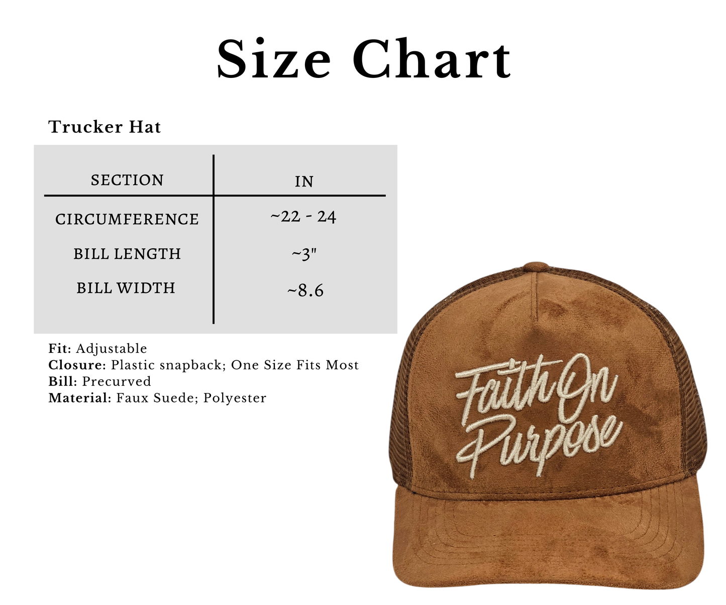 Brown trucker hat with 'Faith On Purpose' text and size chart on a white background