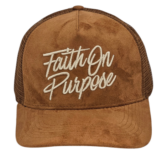 Brown trucker hat with 'Faith On Purpose' text on a white background