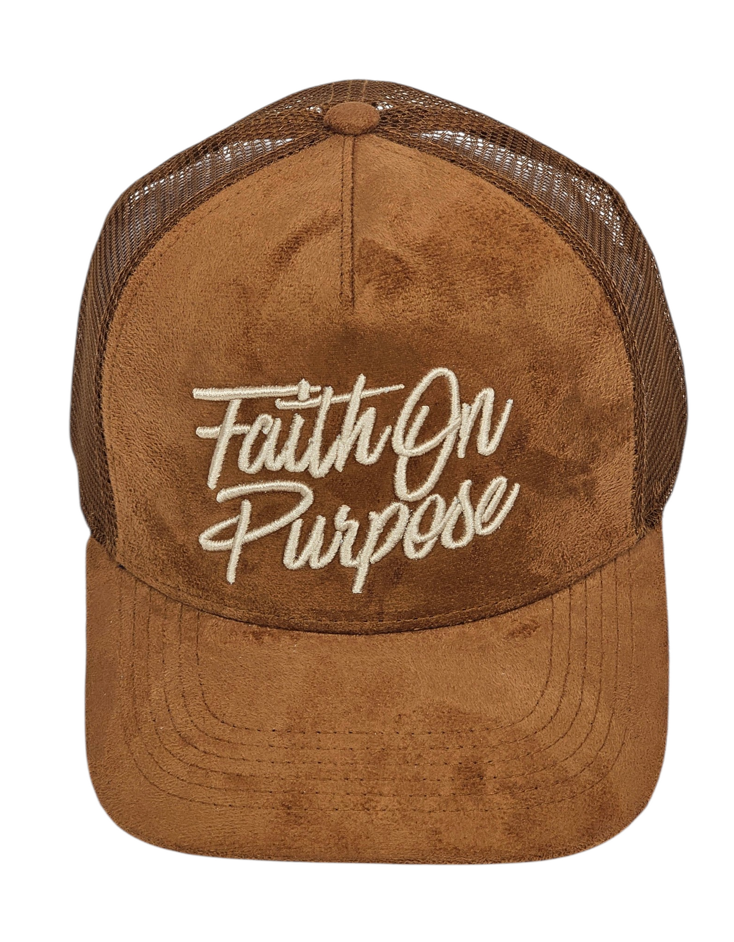 Brown suede cap with 'Faith On Purpose' text on a white background