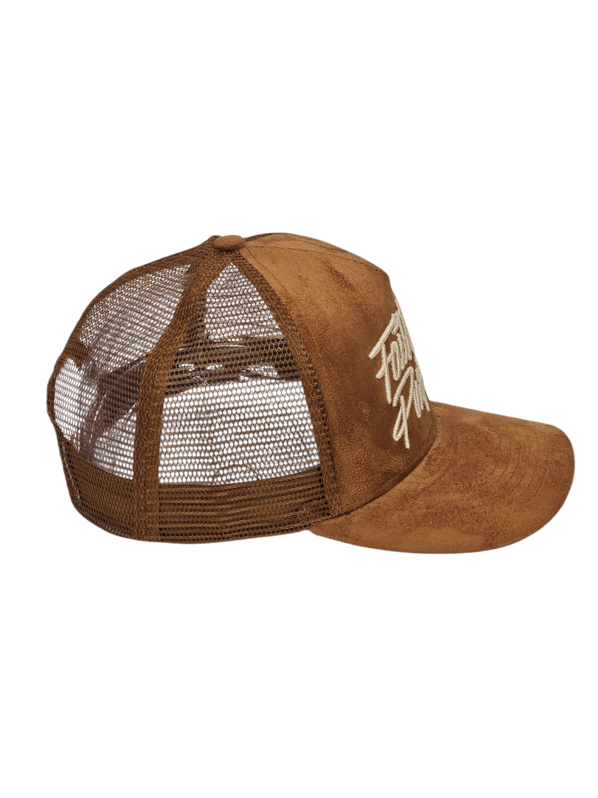 Brown trucker cap with mesh back on a white background