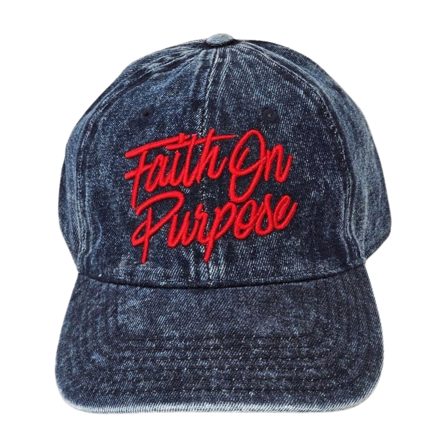 Dark blue acid wash Denim cap with 'Faith On Purpose' in red embroidery on a white background