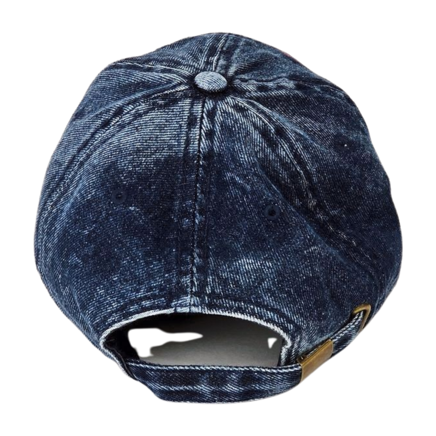 Back view of a Dark blue acid wash Denim cap with 'Faith On Purpose' in red embroidery on a white background 