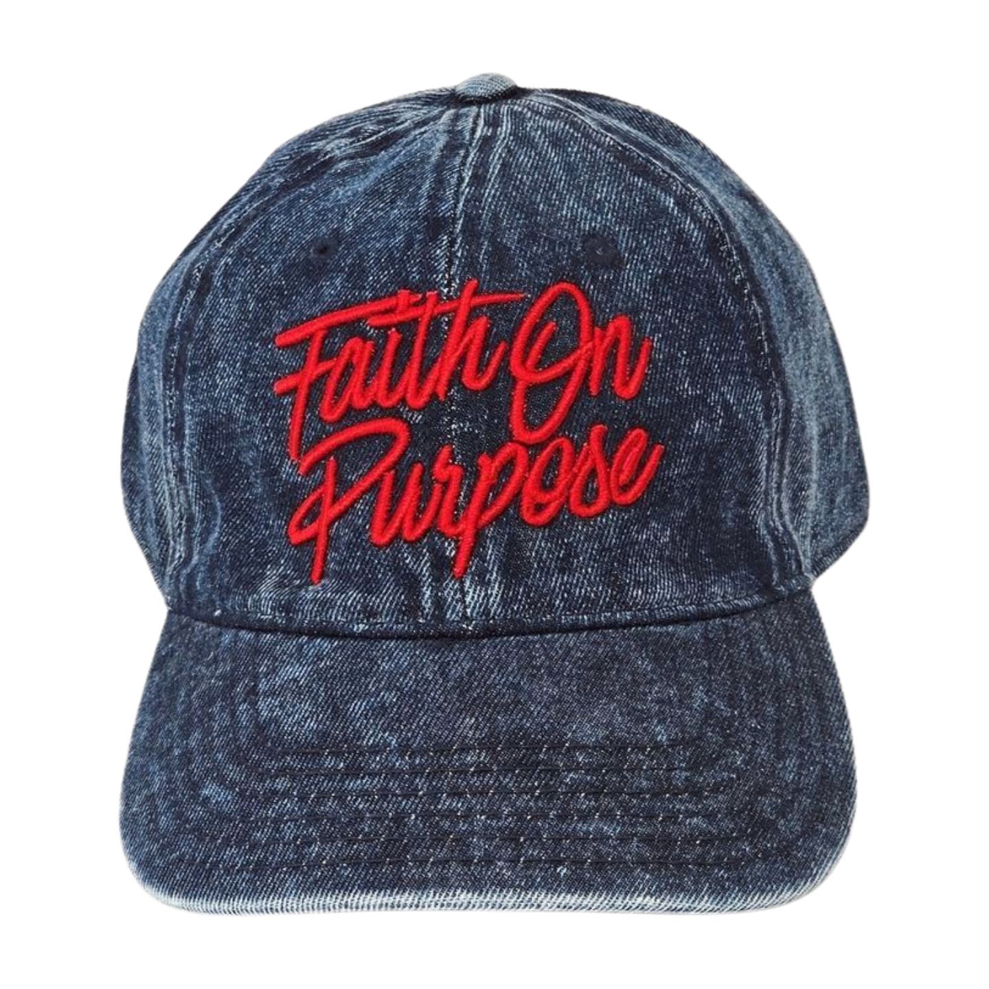 Dark blue acid wash Denim cap with 'Faith On Purpose' in red embroidery on a white background