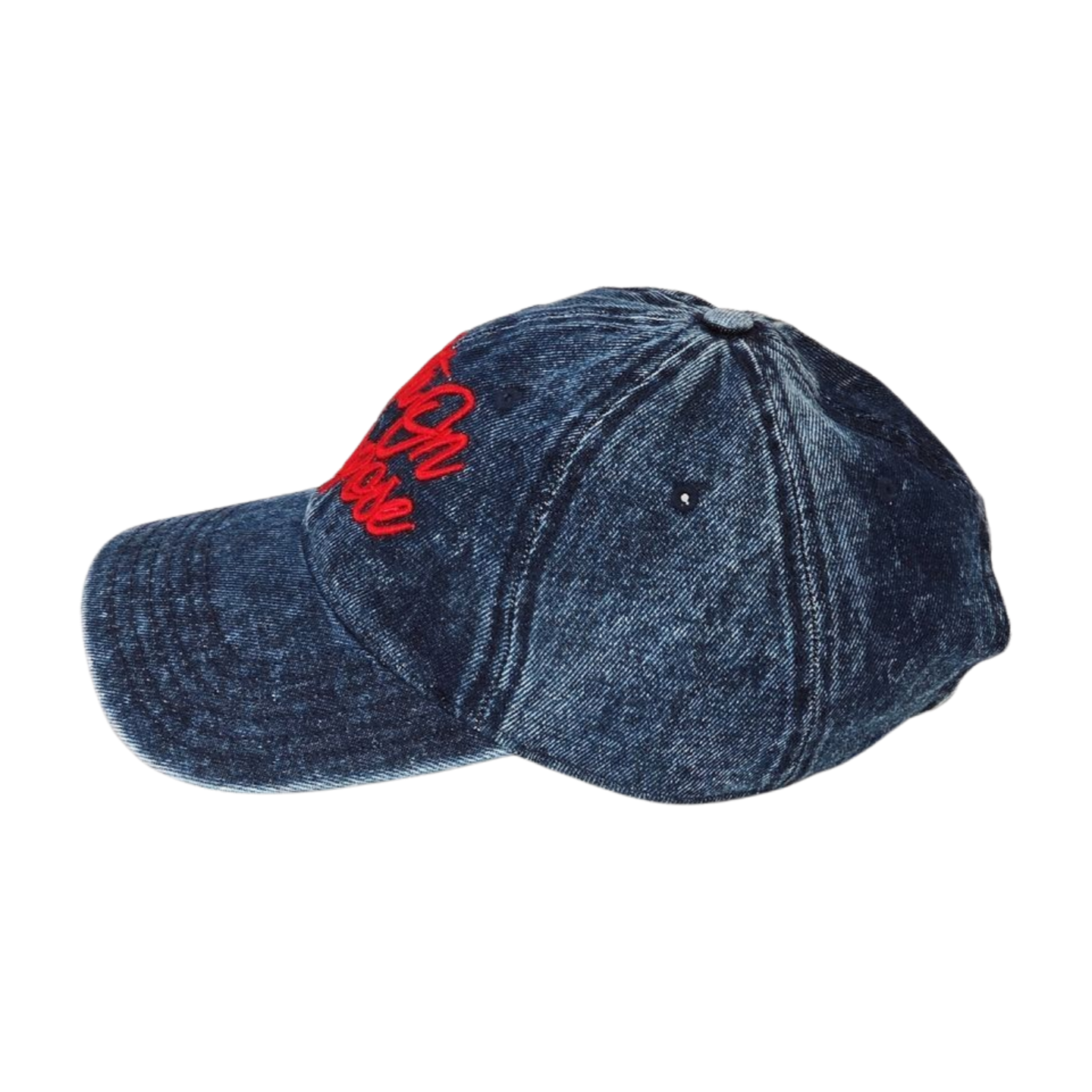 Left side view of a Dark blue acid wash Denim cap with 'Faith On Purpose' in red embroidery on a white background 