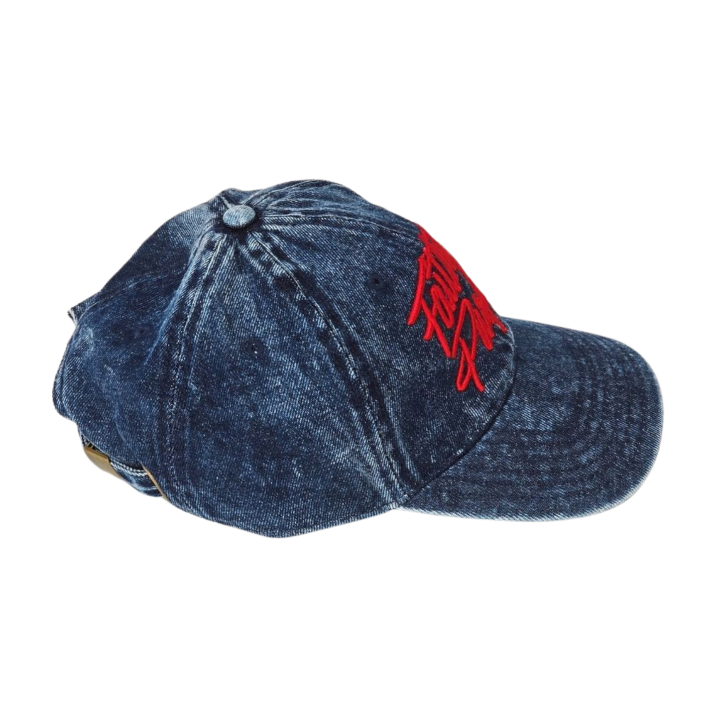 Right side view of a Dark blue acid wash Denim cap with 'Faith On Purpose' in red embroidery on a white background 