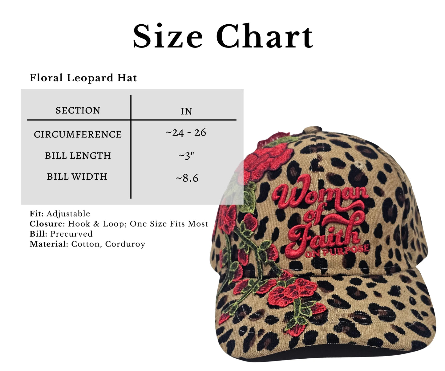 Floral leopard print hat with 'Woman of Faith' text and size chart on a white background