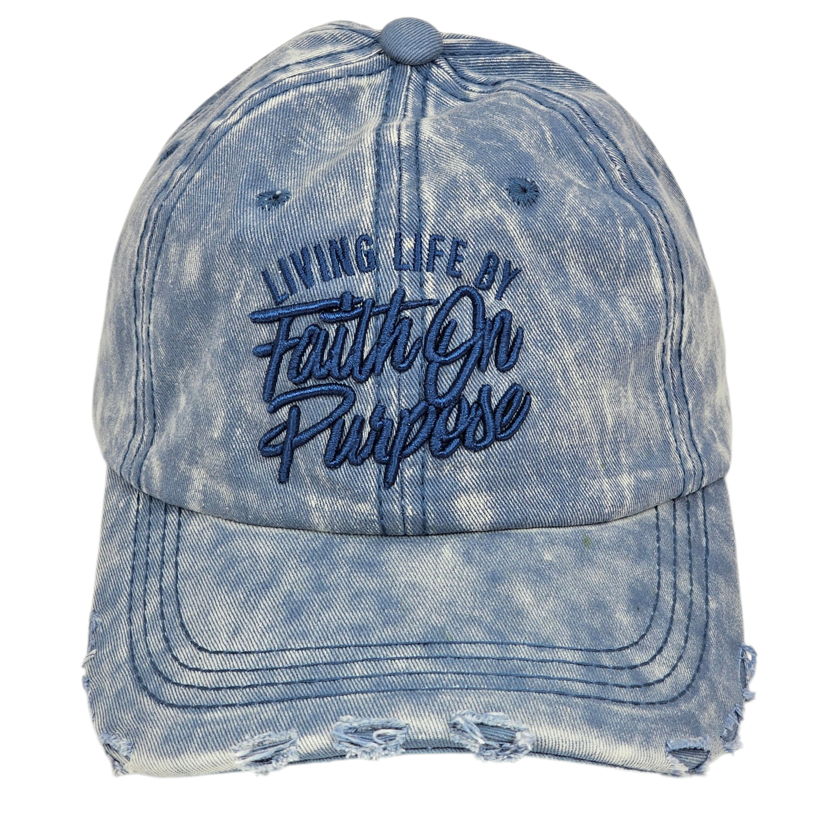 Blue distressed cap with 'Living Life by Faith on Purpose' text on a white background
