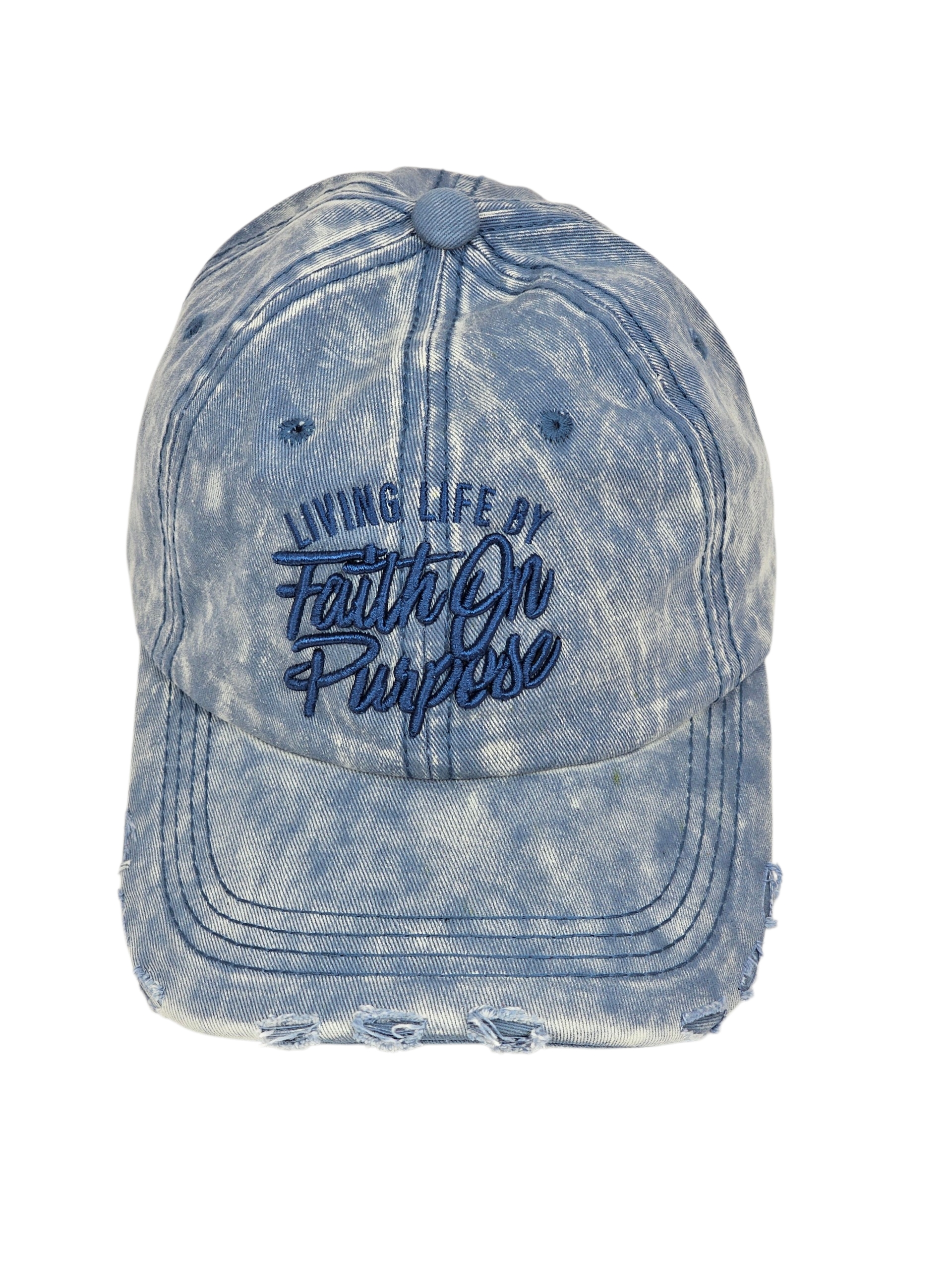 Blue distressed baseball cap with 'Living Life by Faith on Purpose' text on a white background