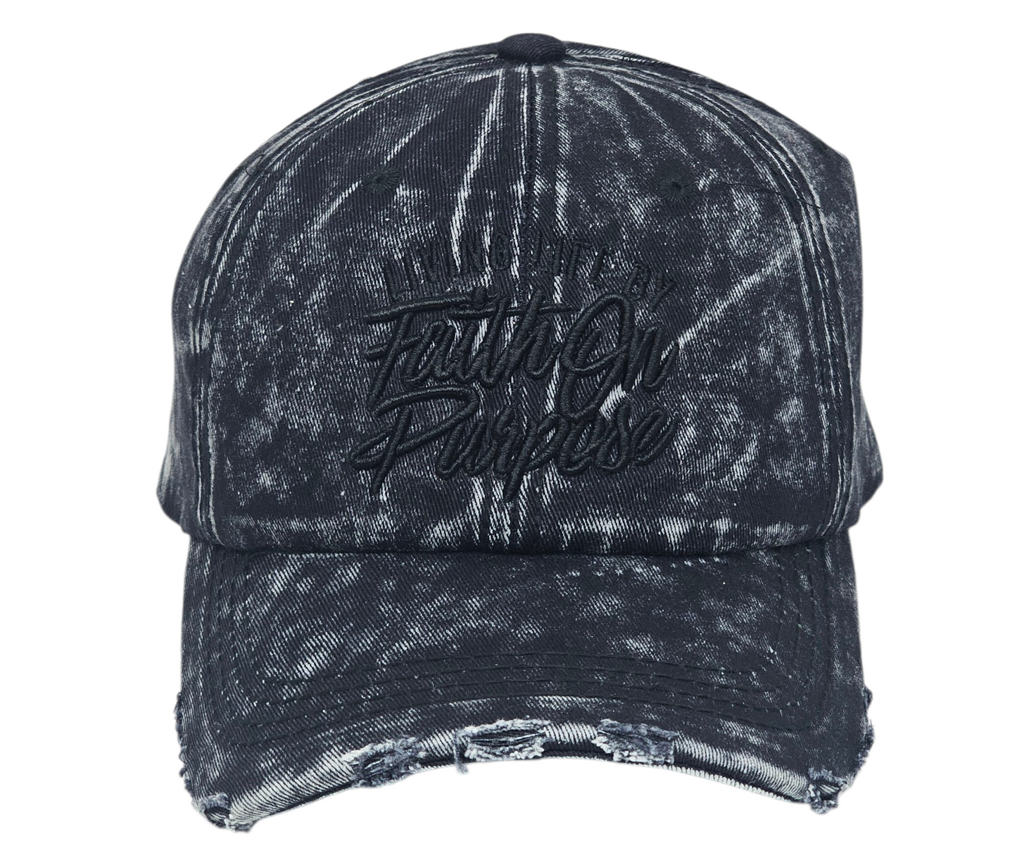 Black distressed baseball cap with branding on a white background