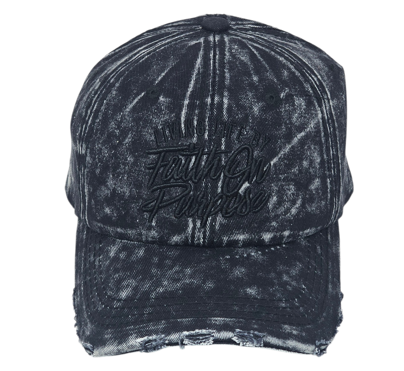 Black distressed cap with Living Life By Faith On Purpose embroidery on a white background