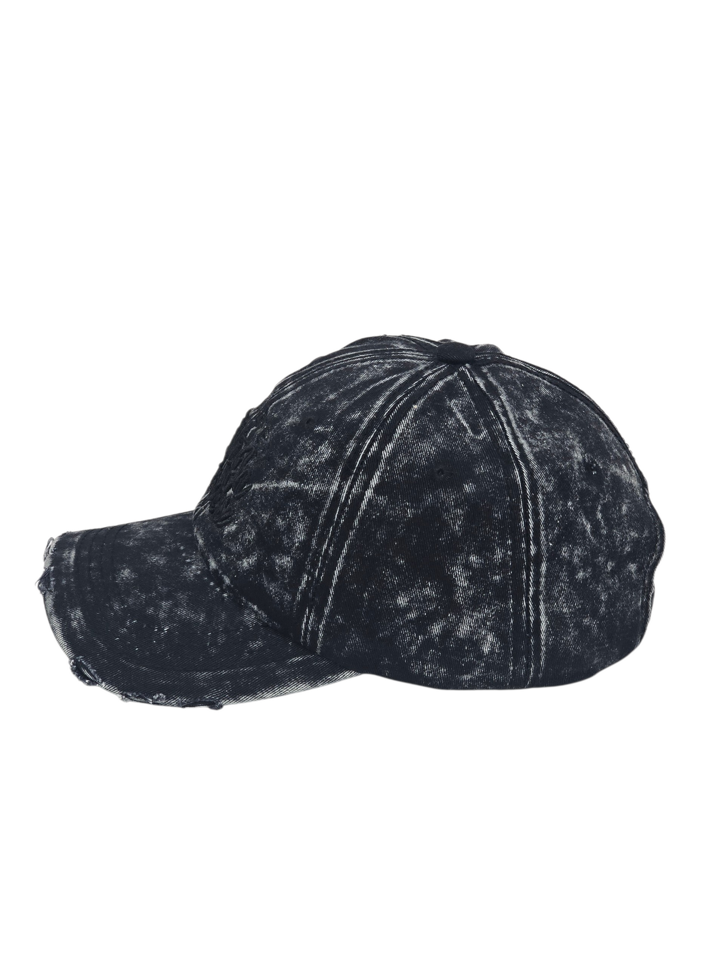 Black distressed baseball cap on a white background