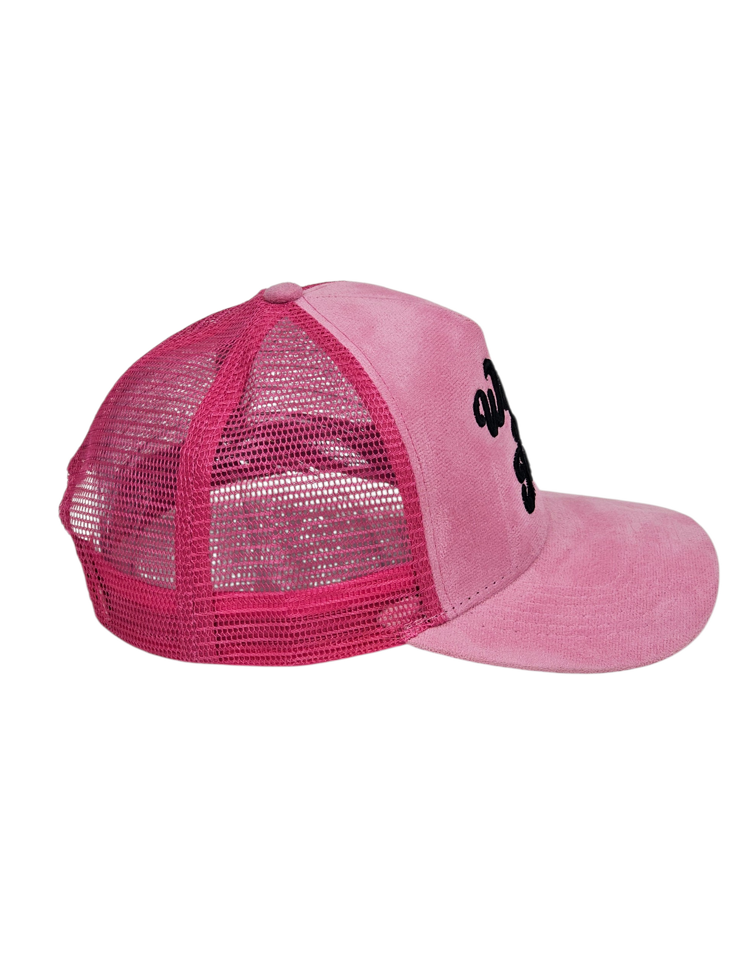 Pink trucker cap with mesh back on a white background