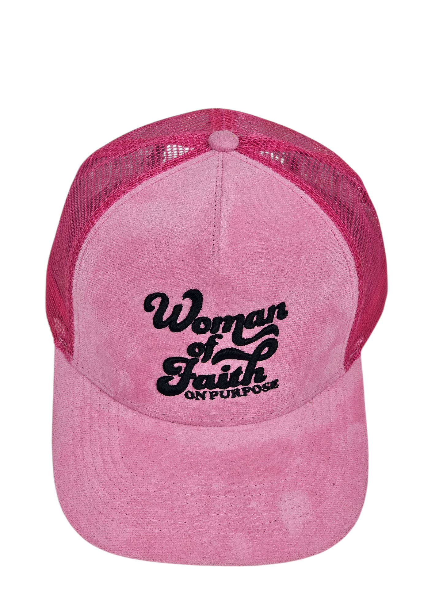 Pink cap with 'Woman of Faith Unapologetically' text on a white background