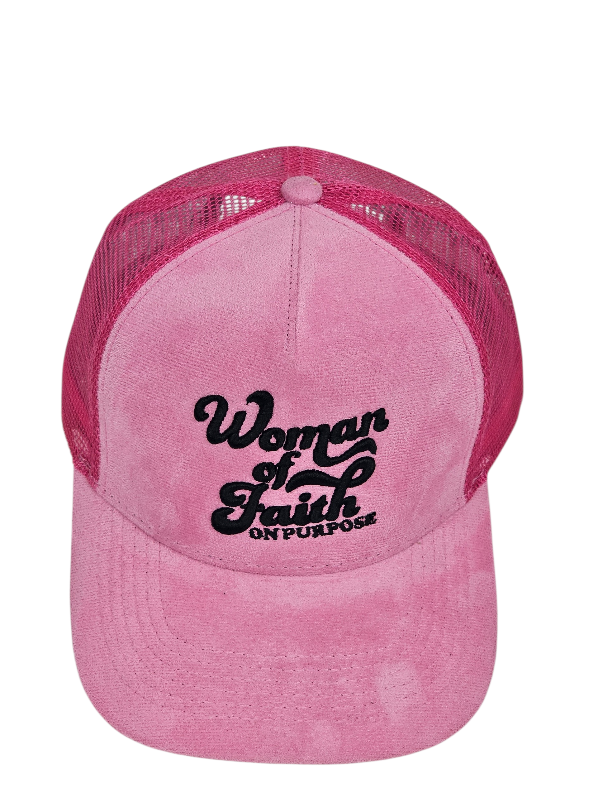 Pink cap with 'Woman of Faith Unapologetically' text on a white background