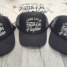 Load image into Gallery viewer, Living By Faith On Purpose Trucker Hat - Blk/Cream
