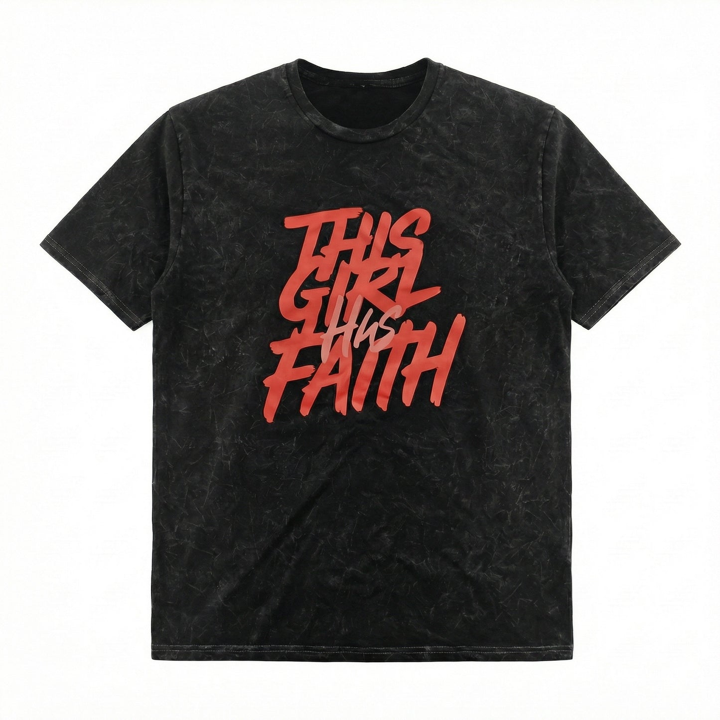 Black mineral wash short-sleeve T-shirt shown on a white background with red and pink front text that reads ‘This Girl Has Faith