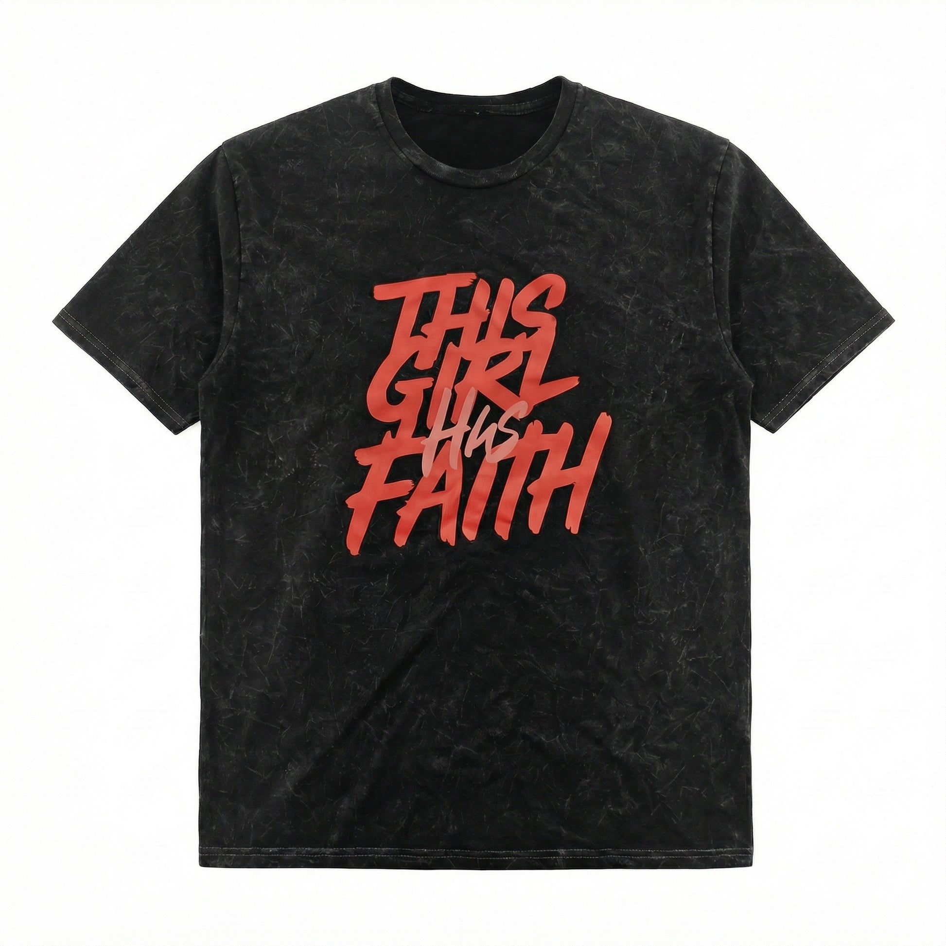 Black mineral wash short-sleeve T-shirt shown on a white background with red and pink front text that reads ‘This Girl Has Faith