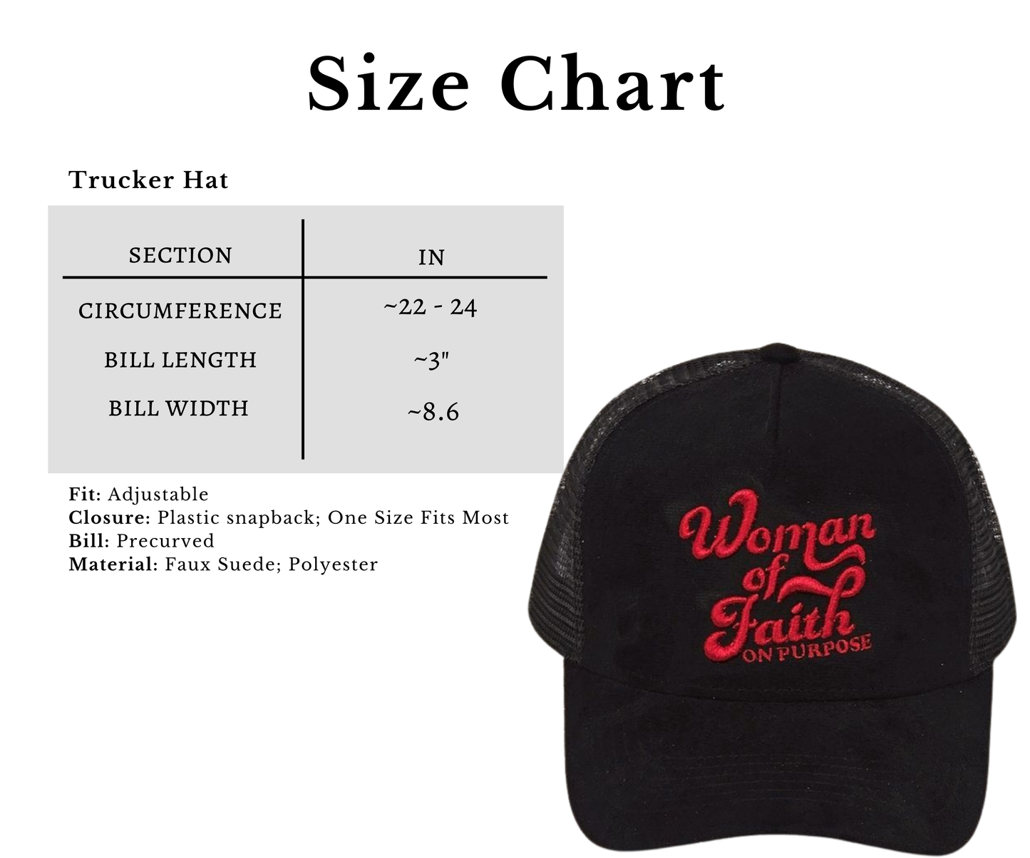 Black trucker hat with 'Woman of Faith On Purpose' text and size chart on a white background