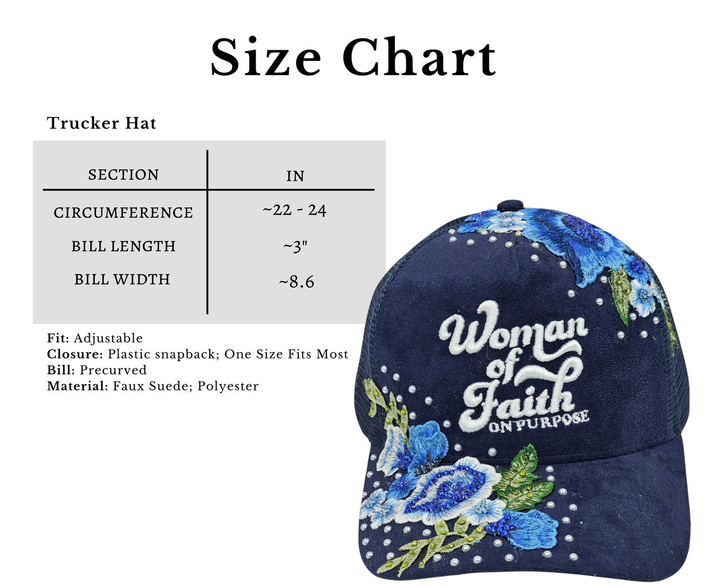 Woman Of Faith On Purpose Floral Luxe Trucker Hat