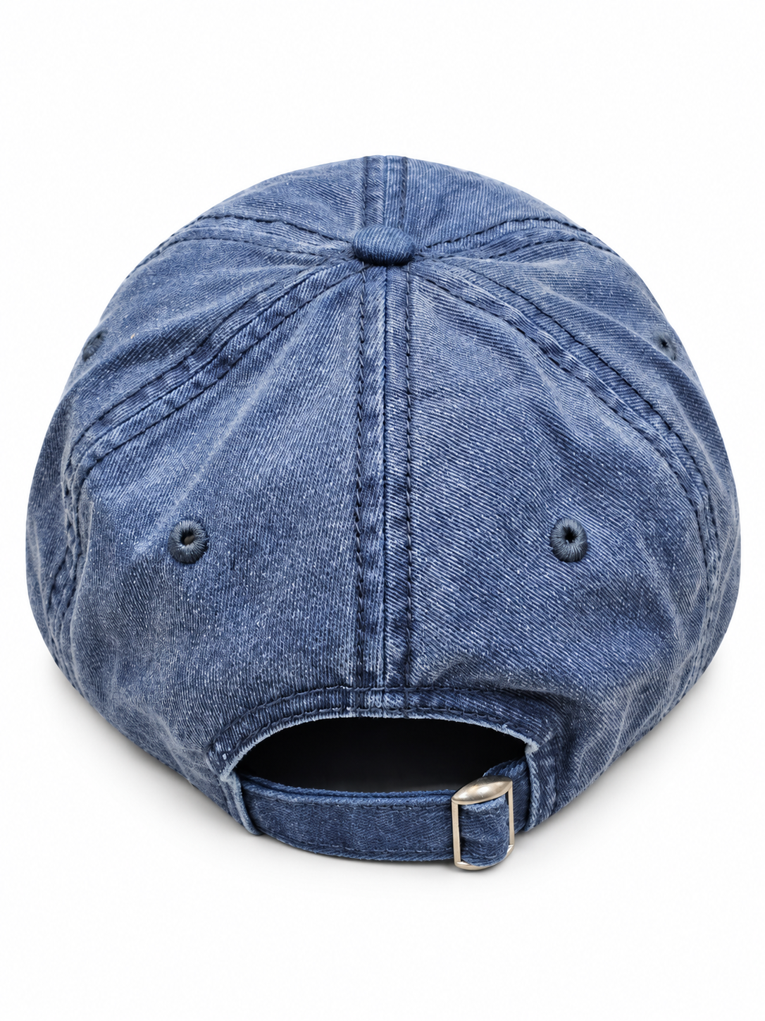A washed blue denim baseball cap shown from the back, featuring a curved back strap with a silver metal buckle.
