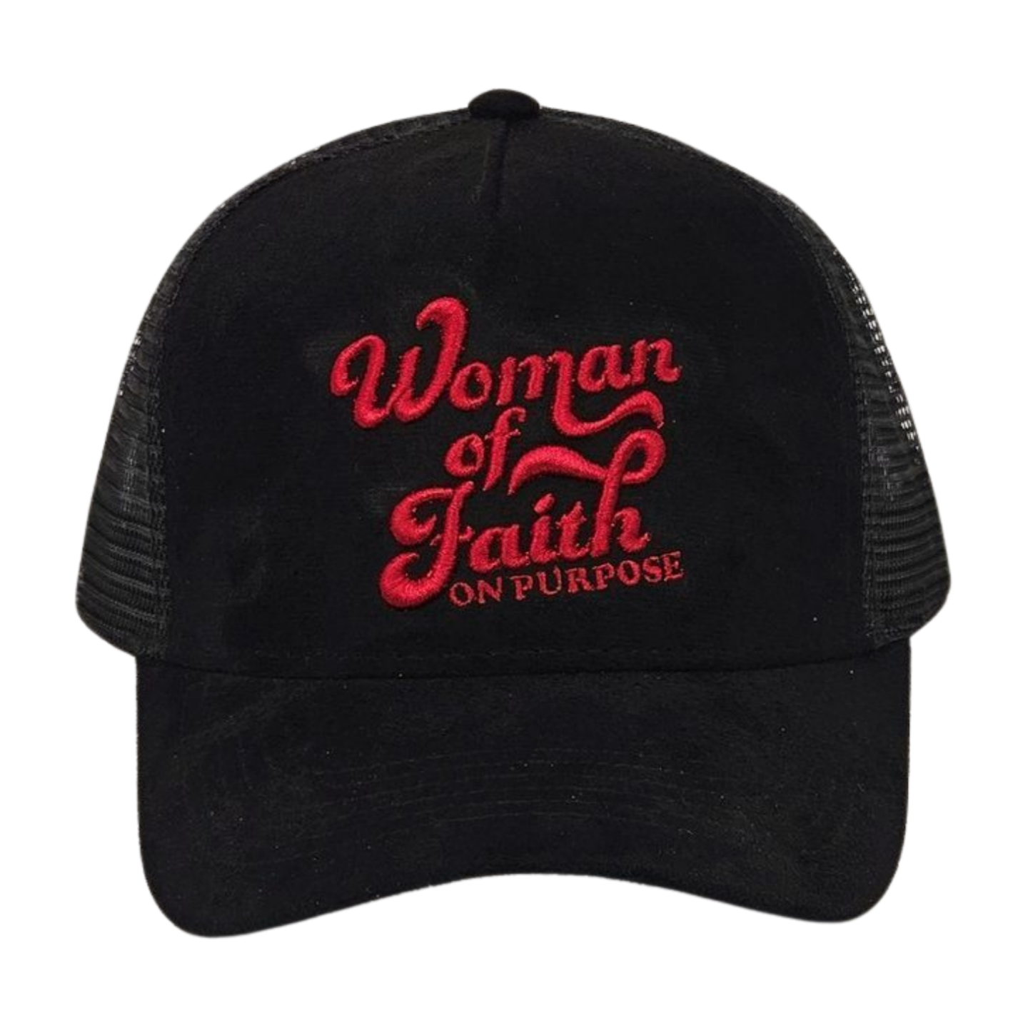 Black cap with red 'Woman of Faith On Purpose' text on a white background
